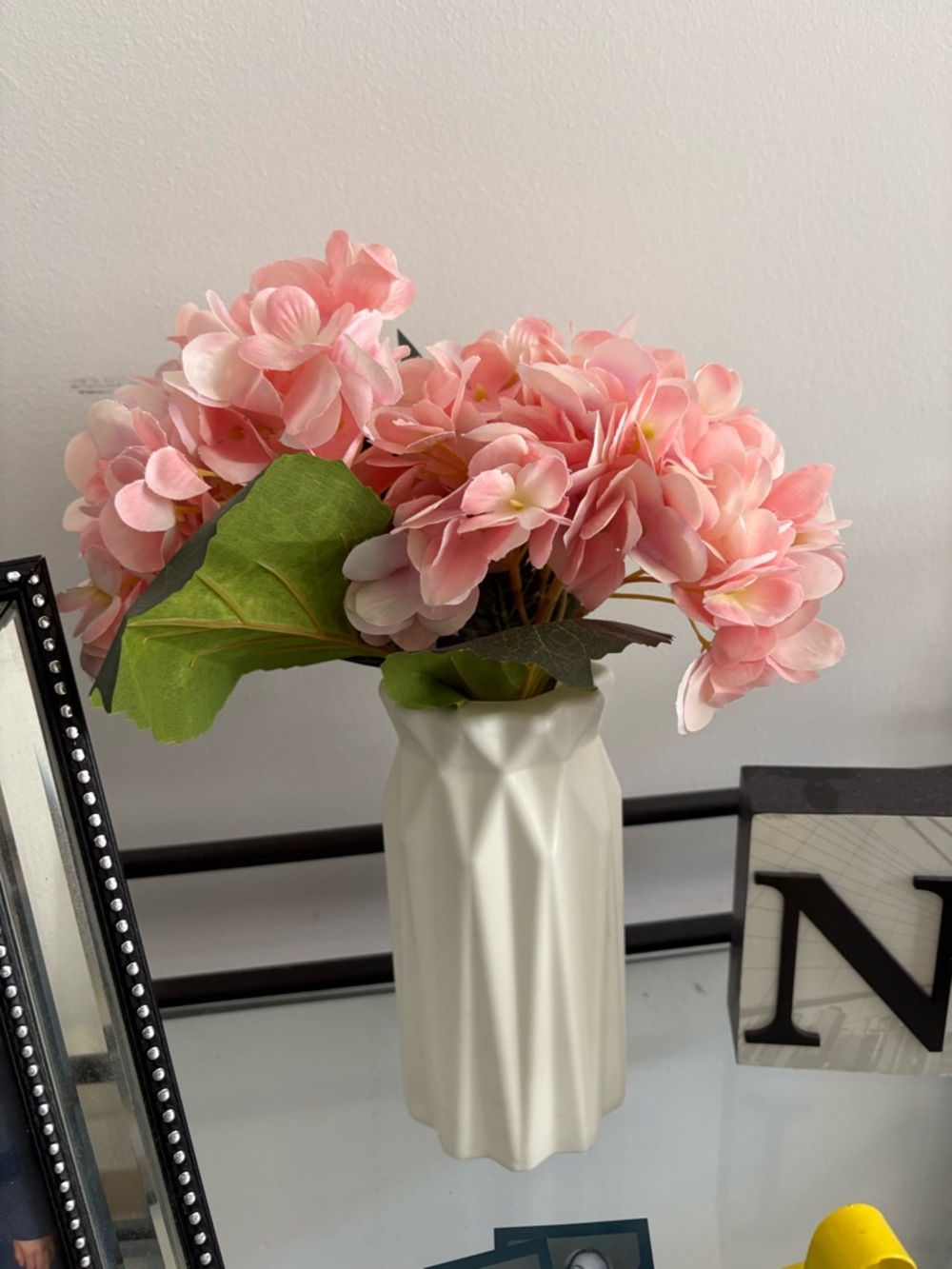 Pink Artificial Hydrangea Arrangement in White Ceramic Vase